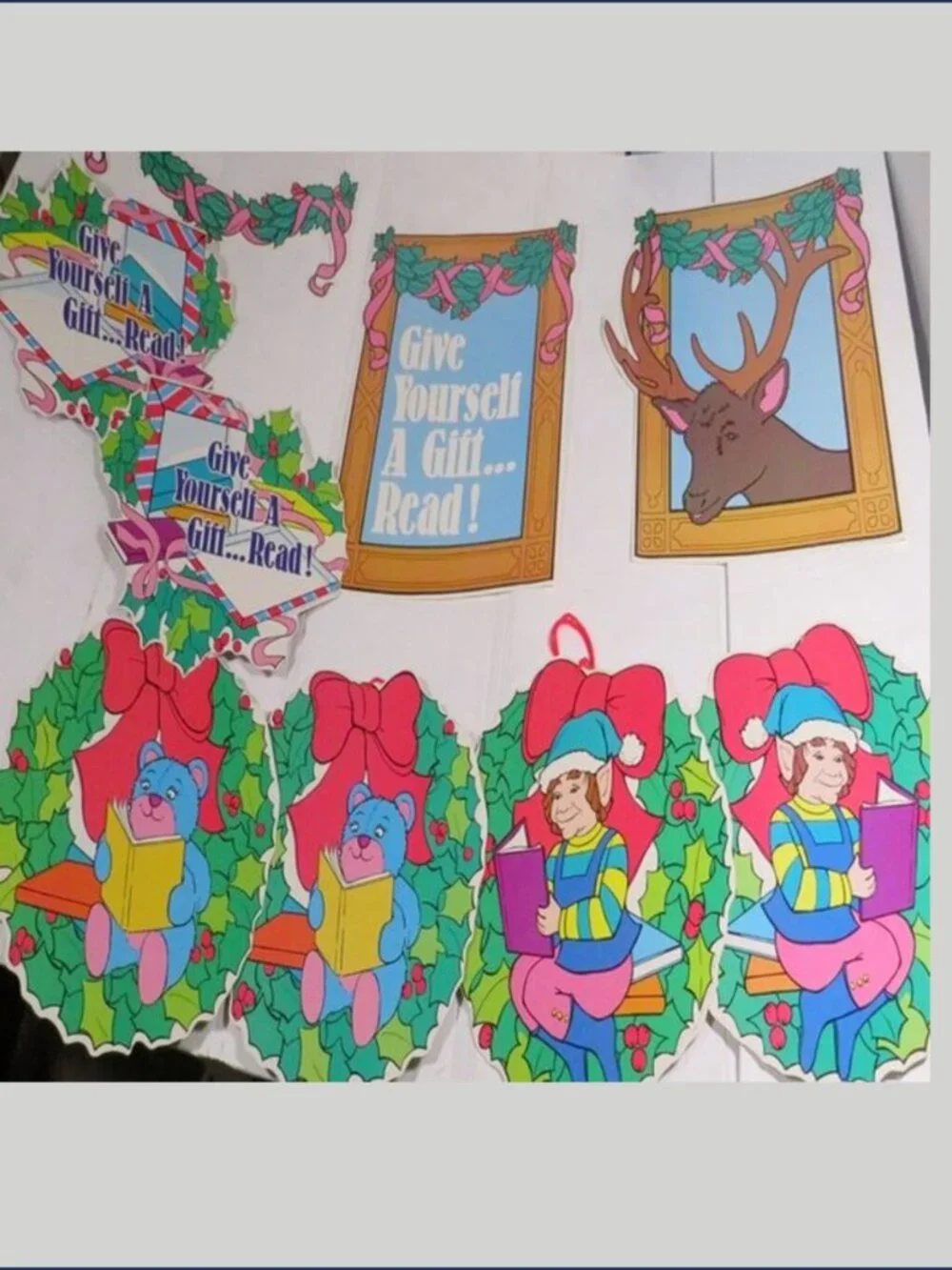 VTG Christmas Gift of Reading Bulletin Board Die Cut 7 Piece Lot 1980s Library